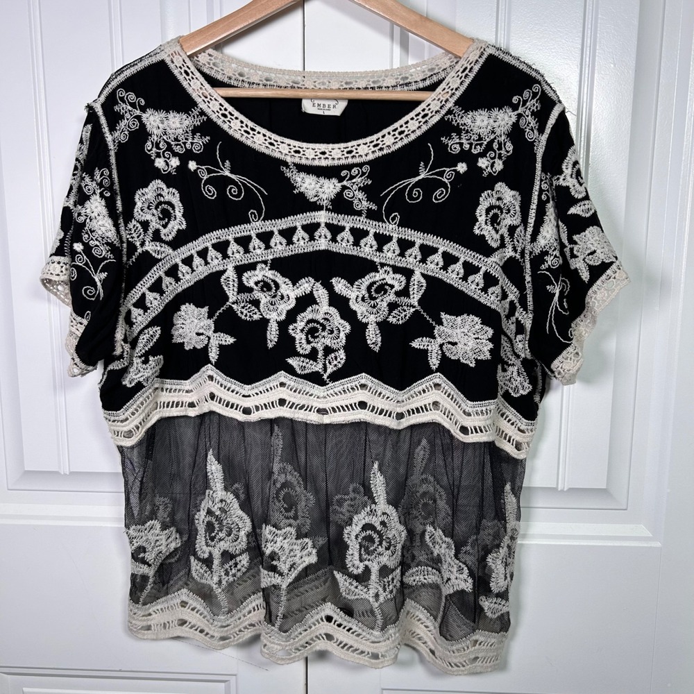 Ember Embroidered‎ Mesh Top Women Large Black Cream Floral Boho Lace Trim